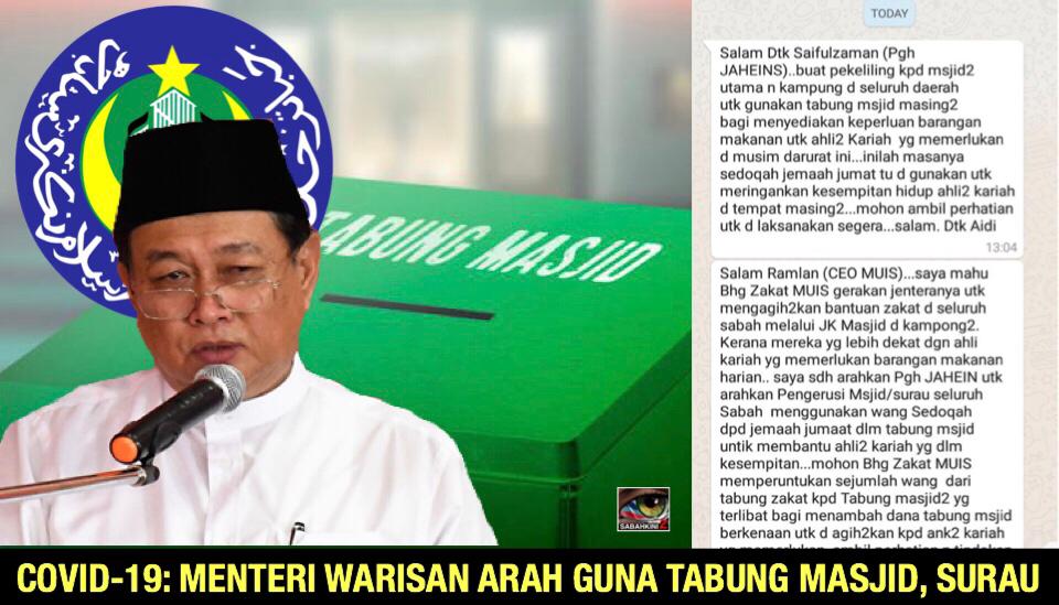Covid-19: Tiada pakej rangsangan Sabah, Menteri Warisan arah guna duit tabung Masjid,Surau